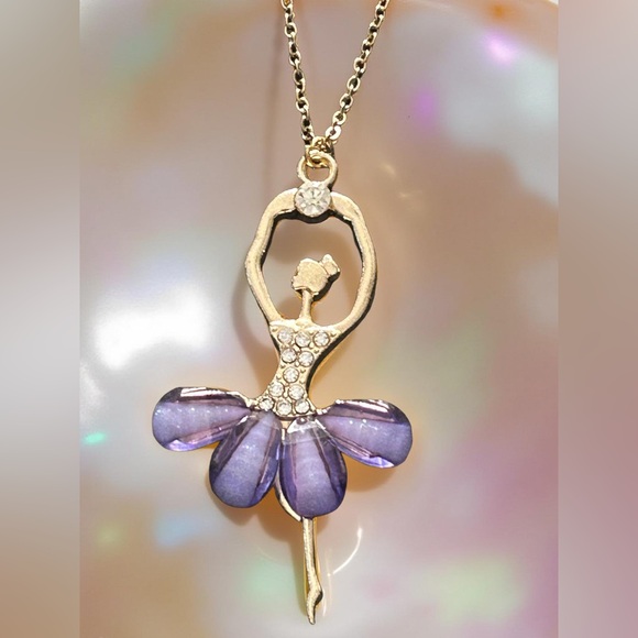 Ballerina Pendant Necklace – Gold Tone Crystal Ballet Dancer – Amethyst Dream - Picture 9 of 10